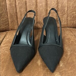 Black Slingback Heels with Pointed Toe and Textured Finish